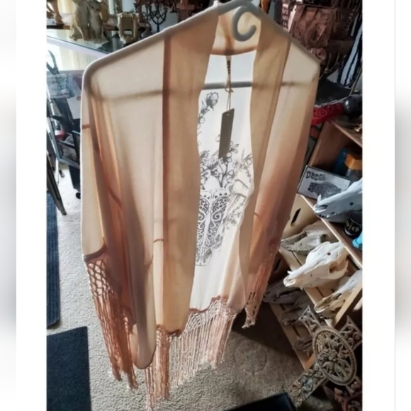 Vintage Spell Designs RARE Neutral Fringe Graphic Bohemian Kimono Coverup OS - Picture 2 of 9